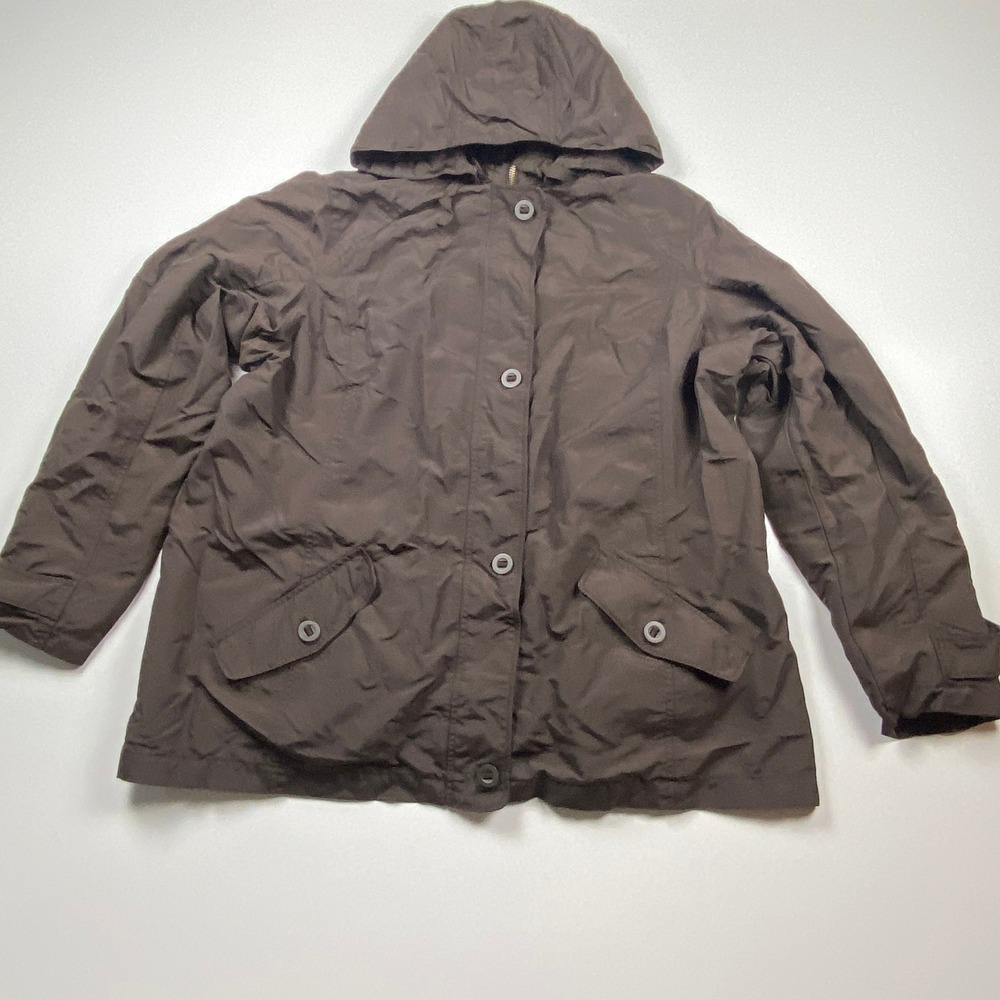 Lands End Womens 1X Brown Hooded Rain Jacket Full Zip Nylon Windbreaker 16W-18W